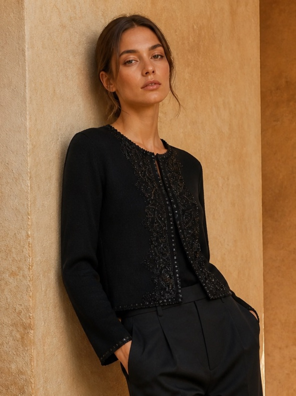 BROOKS BROTHERS Open Front Sweater Fine Merino Italian Wool Hand Beaded Black XS - Picture 2 of 12